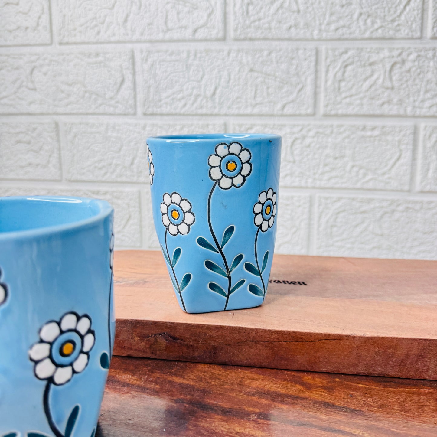 Blue Daisy Hand-Painted Ceramic Glass