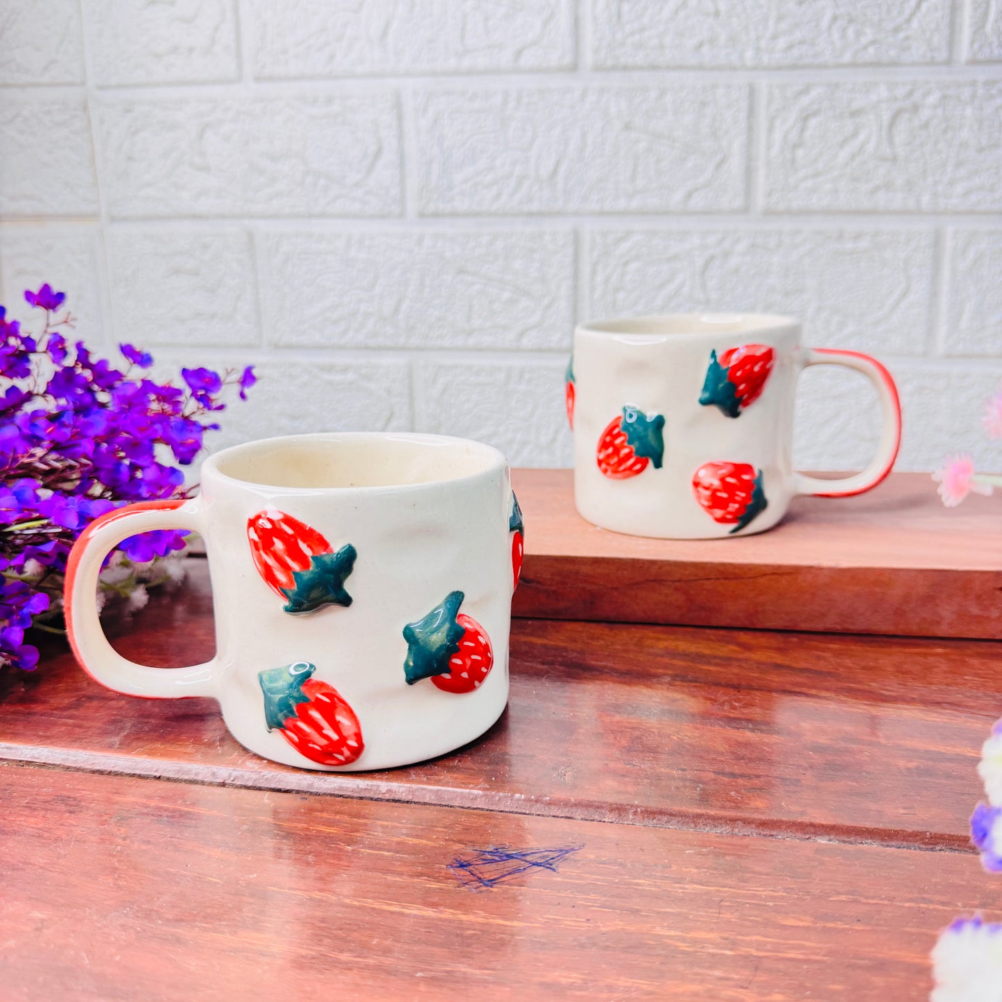 Strawberry Embossed Hand-Painted Ceramic Mug
