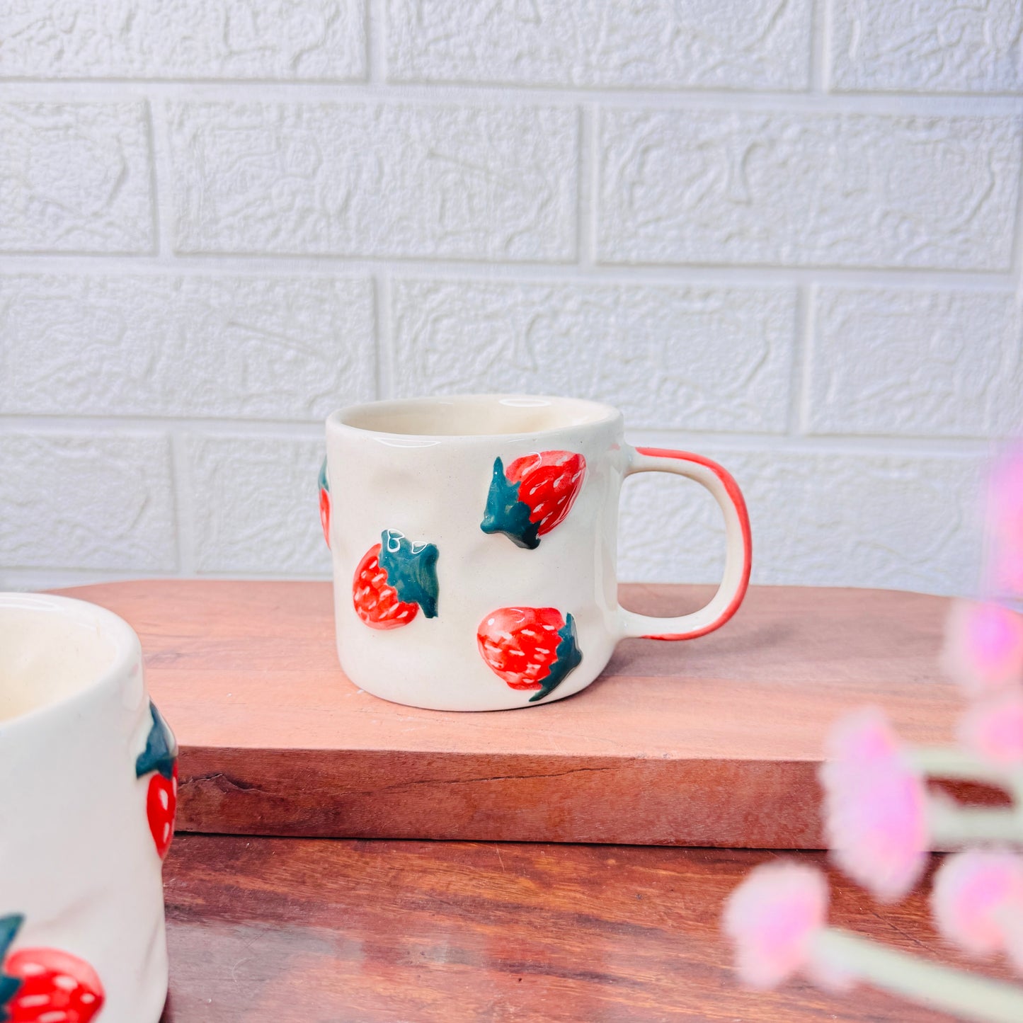 Strawberry Embossed Hand-Painted Ceramic Mug