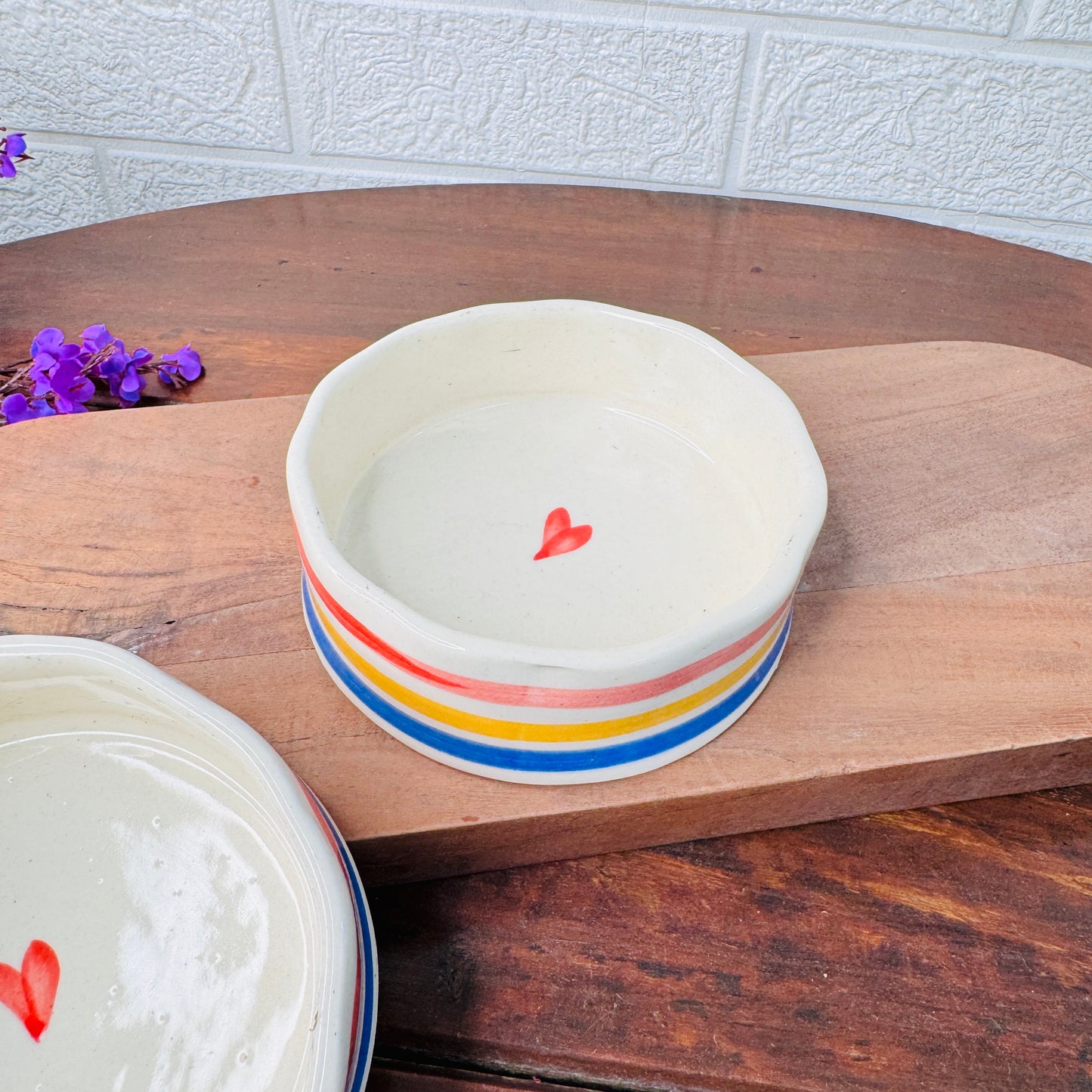 Ceramic Bowl with Red Heart & Colorful Stripes – Cheerful & Minimal