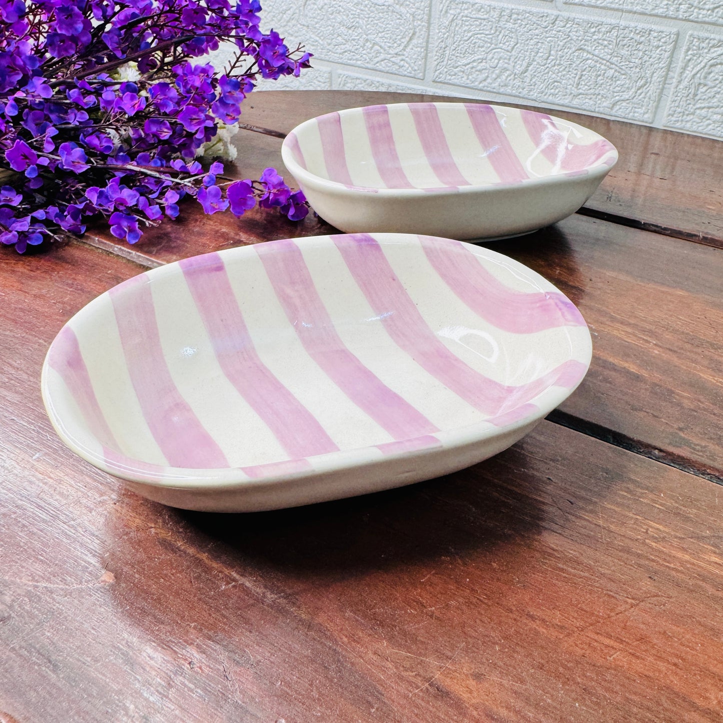Handcrafted Pink & White Striped Oval Ceramic Bowl