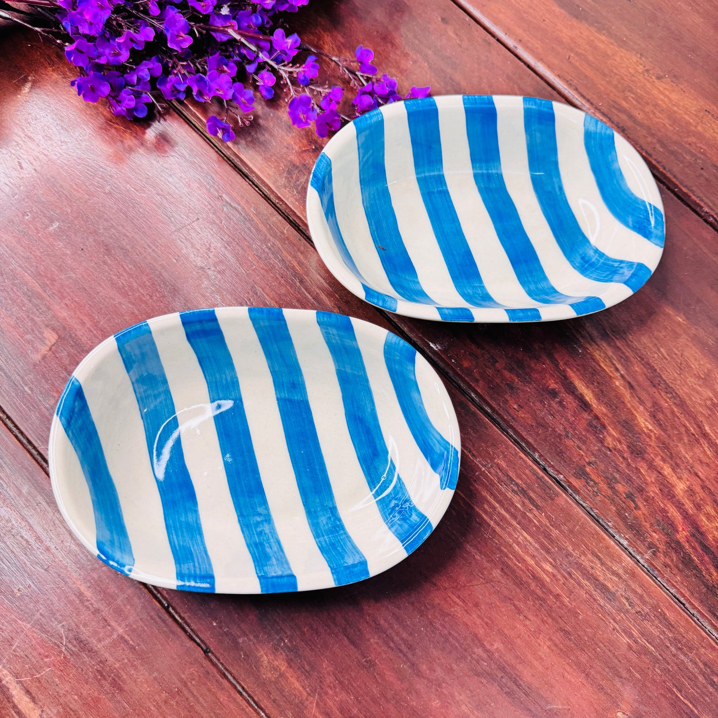 Handcrafted Blue & White Striped Oval Ceramic Bowl