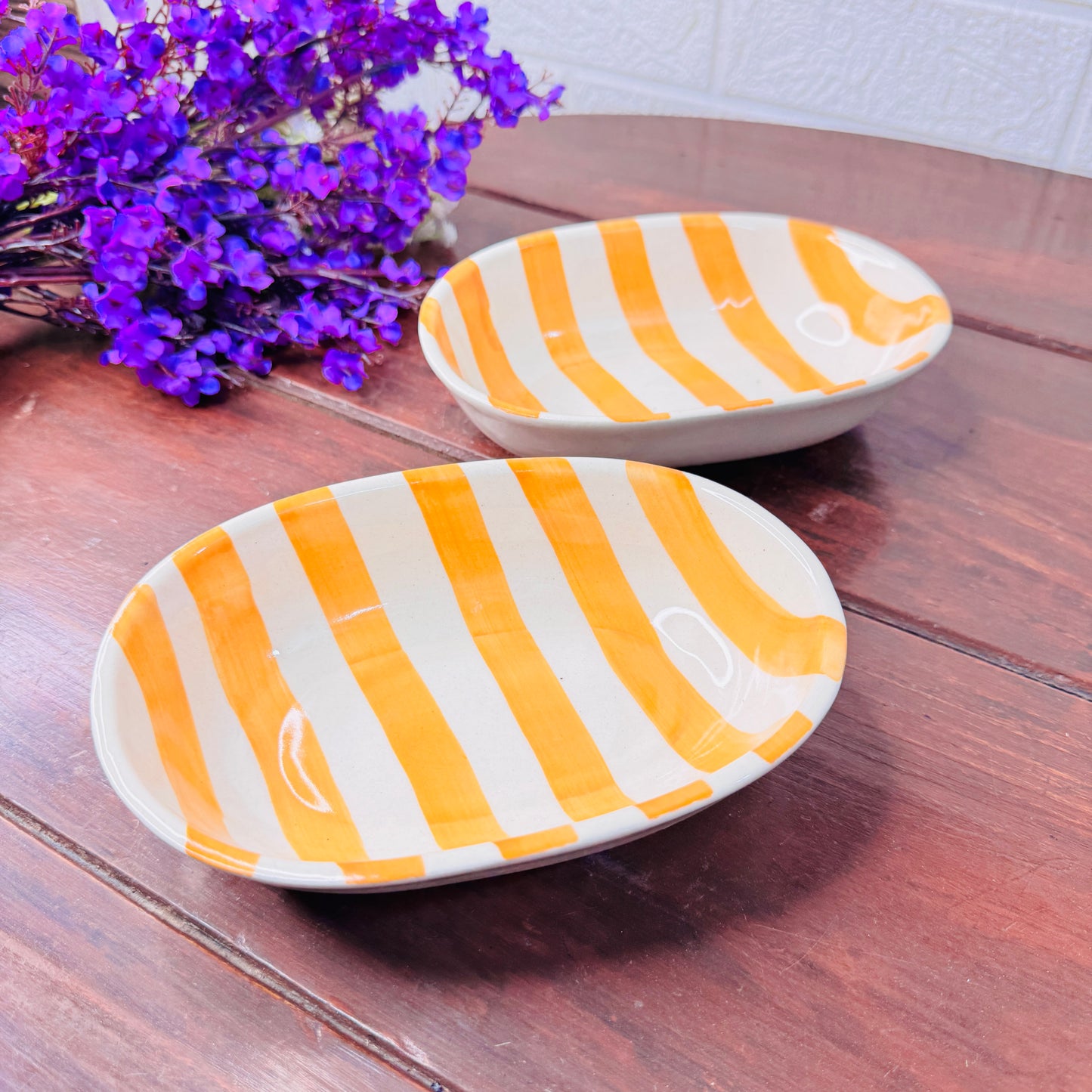 Handcrafted Orange & White Striped Oval Ceramic Bowl