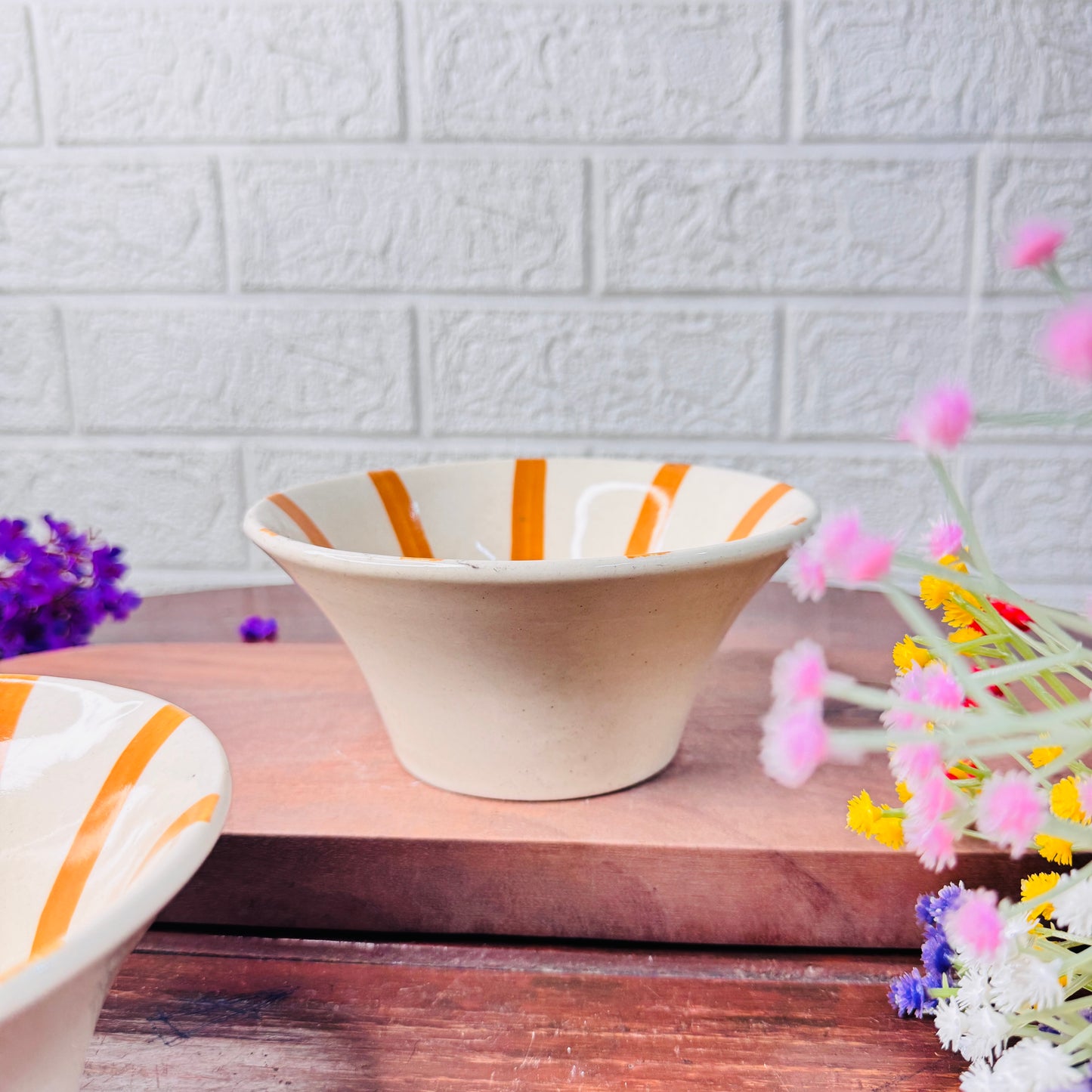 Hand-Painted Orange Striped Conical Snack Bowl