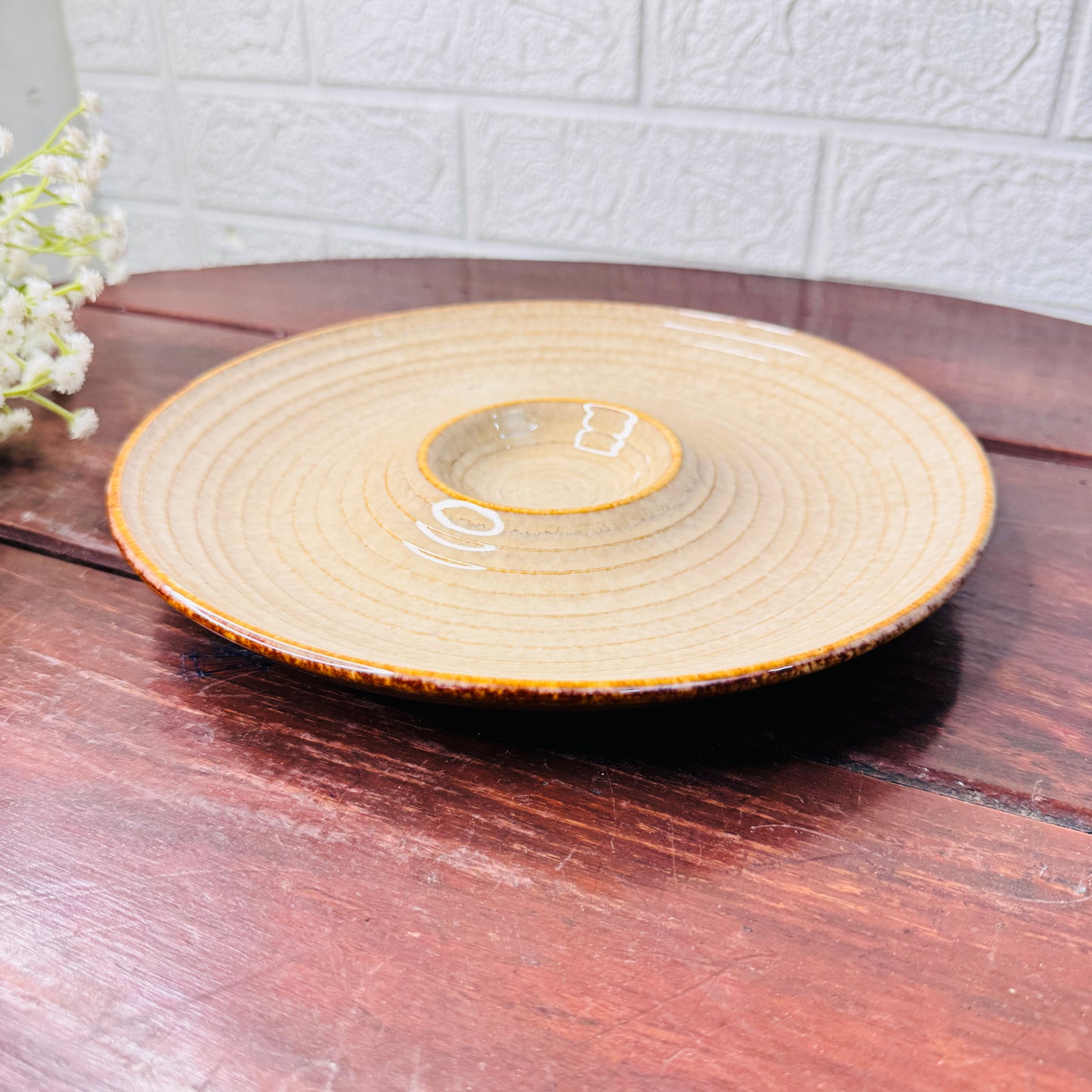Rustic Beige Ceramic Chip & Dip Platter