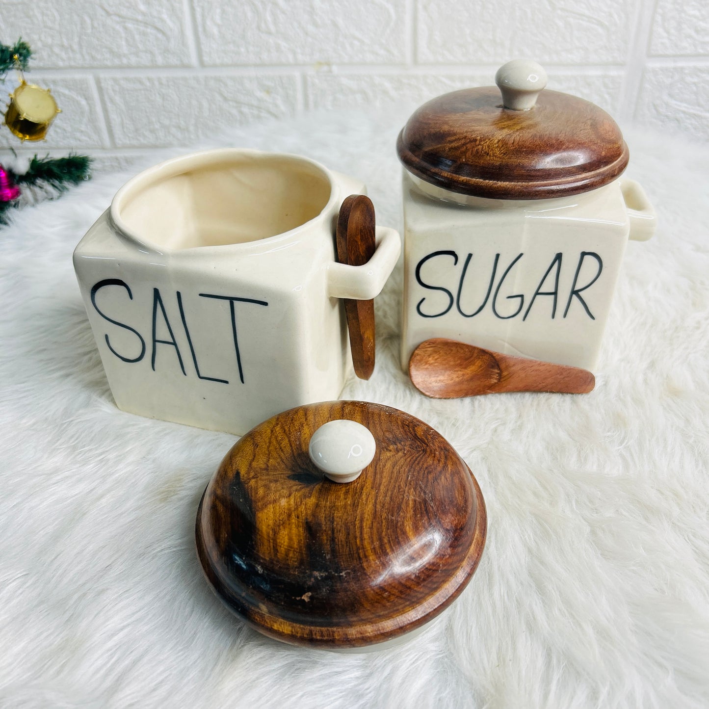 Salt Sugar Set with Wooden Lid & Spoon (Pack of 2)
