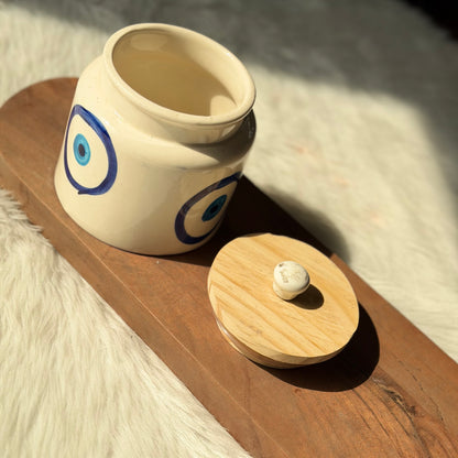Evil Eye Handpainted Ceramic Storage Jar with Wooden Lid