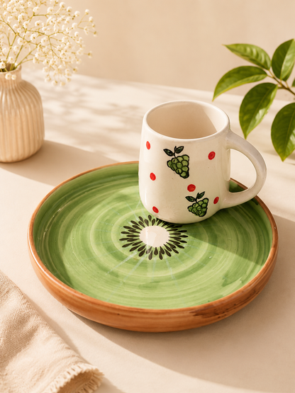 Kiwi Ceramic Breakfast Plate with Berry Coffee Mug Set