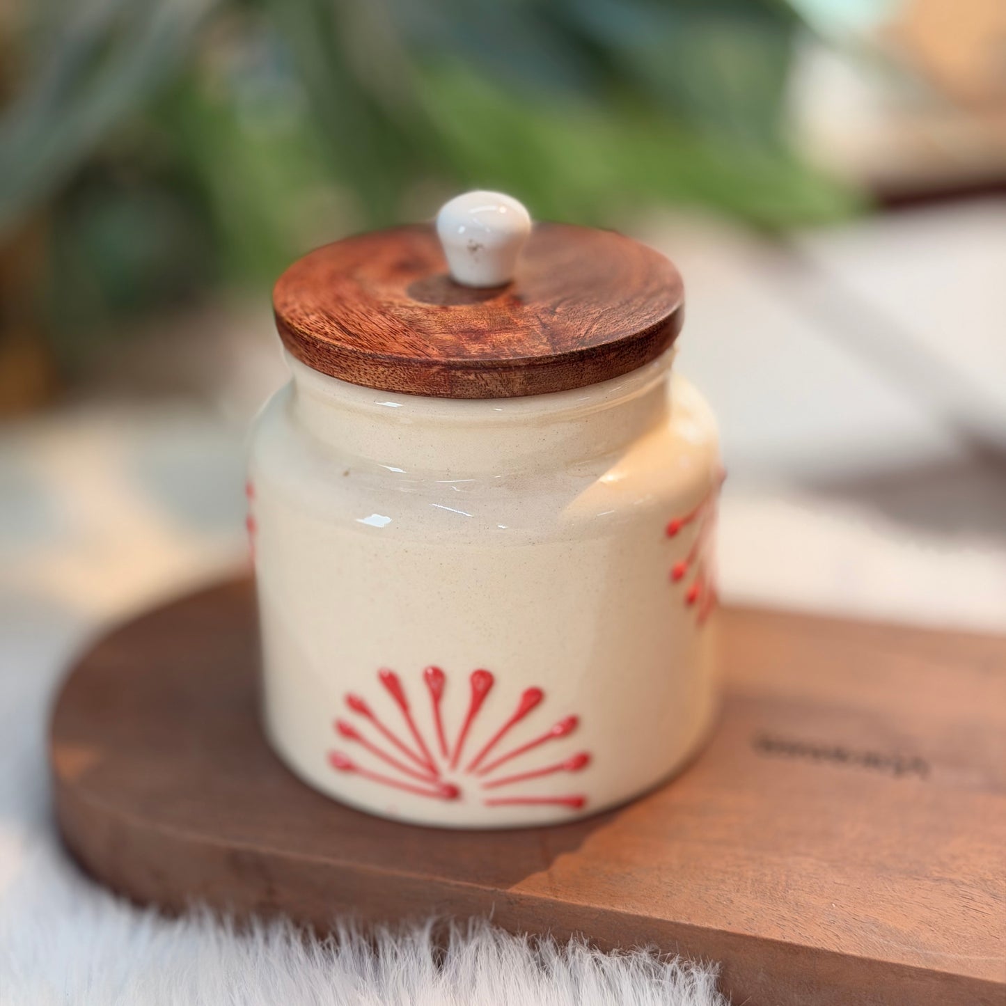 Ceramic Storage Jar with Wooden Lid – Floral Red Design