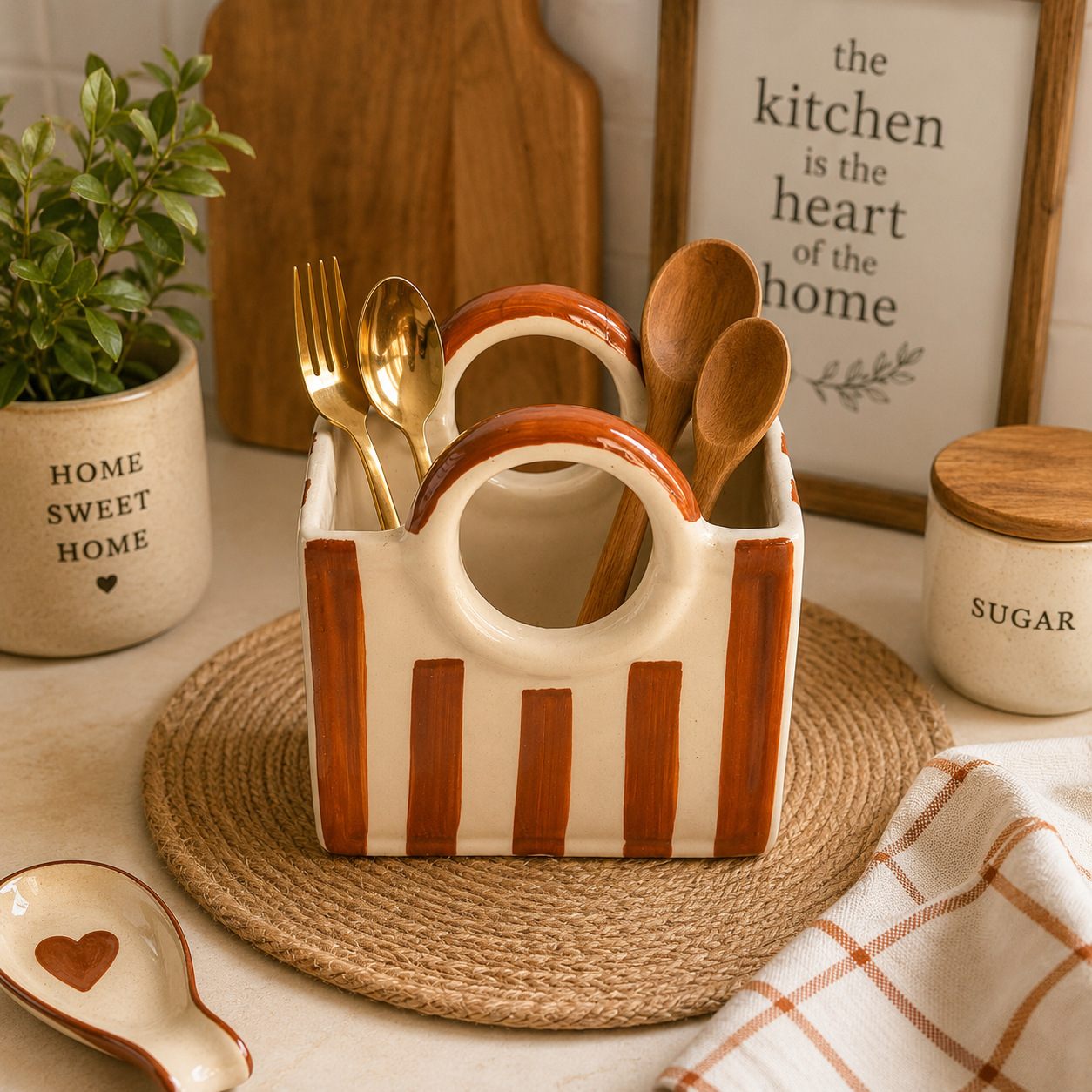 Ceramic Bag Organizer Vase | Multipurpose Kitchen Utensil Holder & Home Décor | Terracotta Stripe