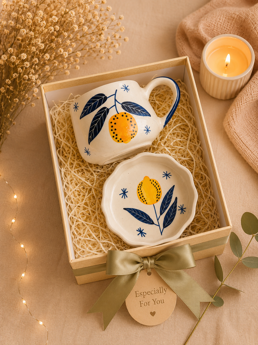 Lemon Ceramic Mug & Snack Plate Gift Hamper | Premium Gift Box (Set of 2)
