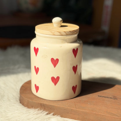 Red Hearts Storage Jar with Wooden Lid