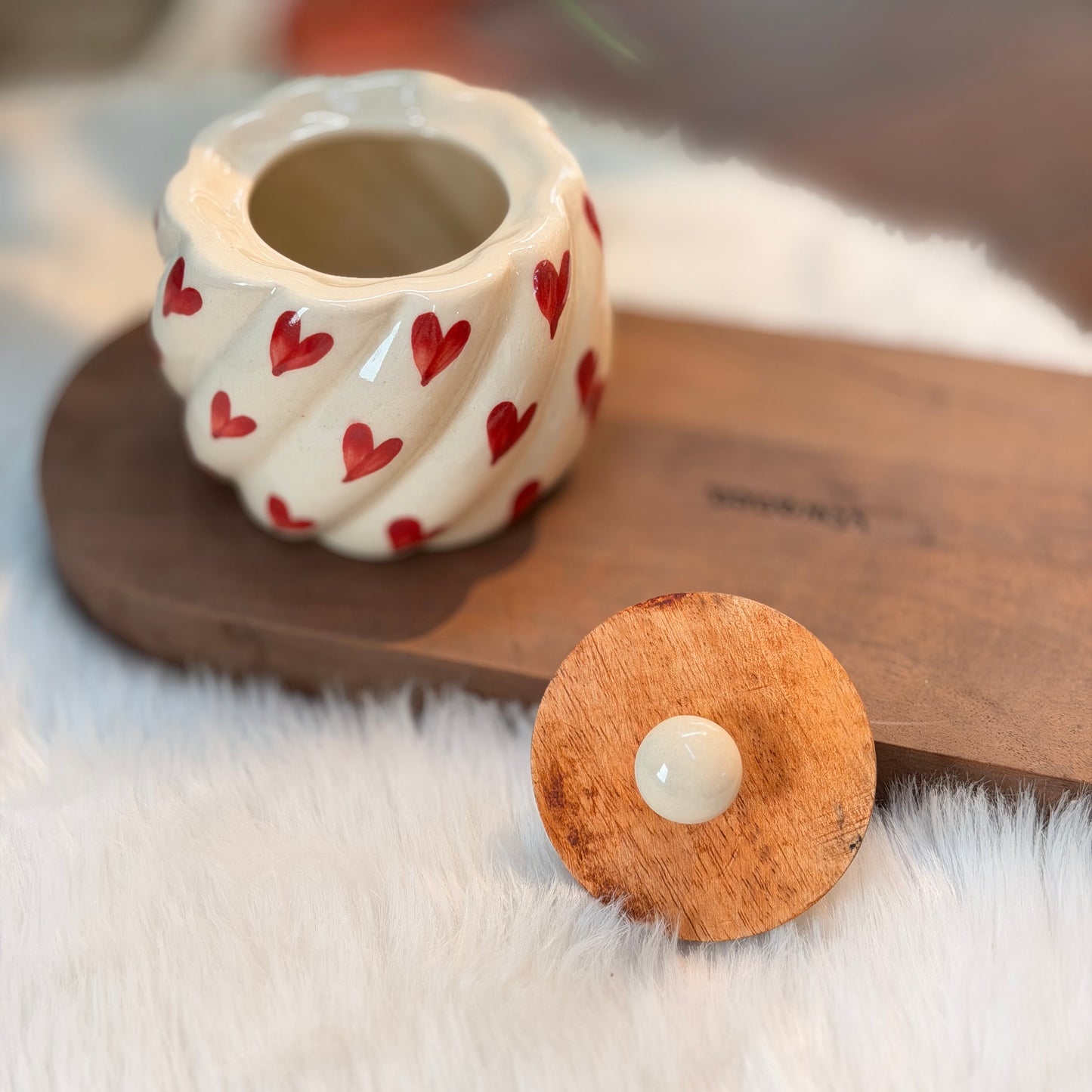 Heart Swirl Ceramic Storage Jar with Wooden Lid