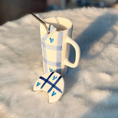Blue Plaid Ceramic Sipper Mug with Straw