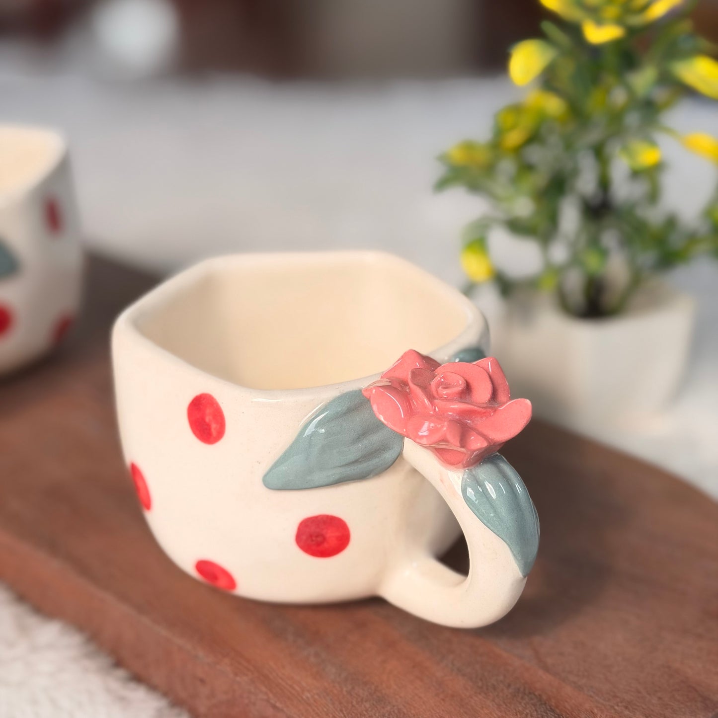 Handcrafted Rose Handle Ceramic Mug – Floral Polka Dot Coffee Mug