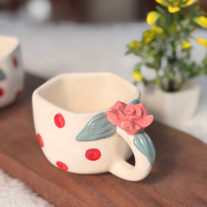 Handcrafted Rose Handle Ceramic Mug – Floral Polka Dot Coffee Mug
