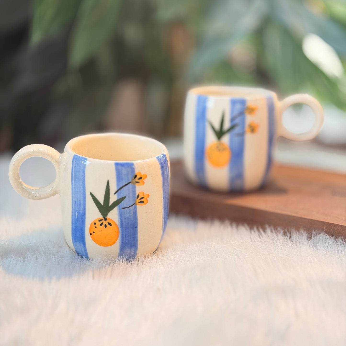Blue Stripe Citrus Ceramic Mug – Minimalist Coffee Mug (300 ml)