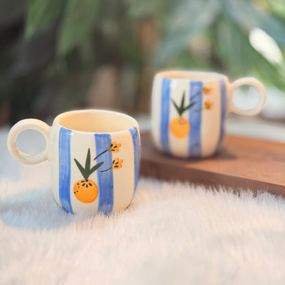 Blue Stripe Citrus Ceramic Mug – Minimalist Coffee Mug (300 ml)