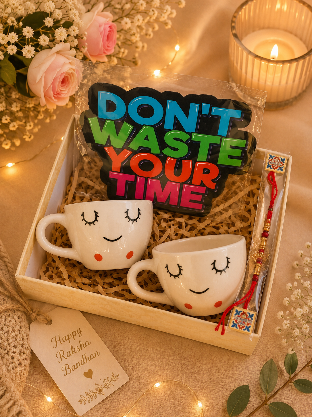 Sleepy Face Handmade Ceramic Tea Cup Rakhi Hamper Gift Box with Motivational Wall Decor & Rakhi | Premium Raksha Bandhan Gift Set