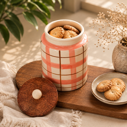 Pink Plaid Ceramic Storage Jar with Wooden Lid
