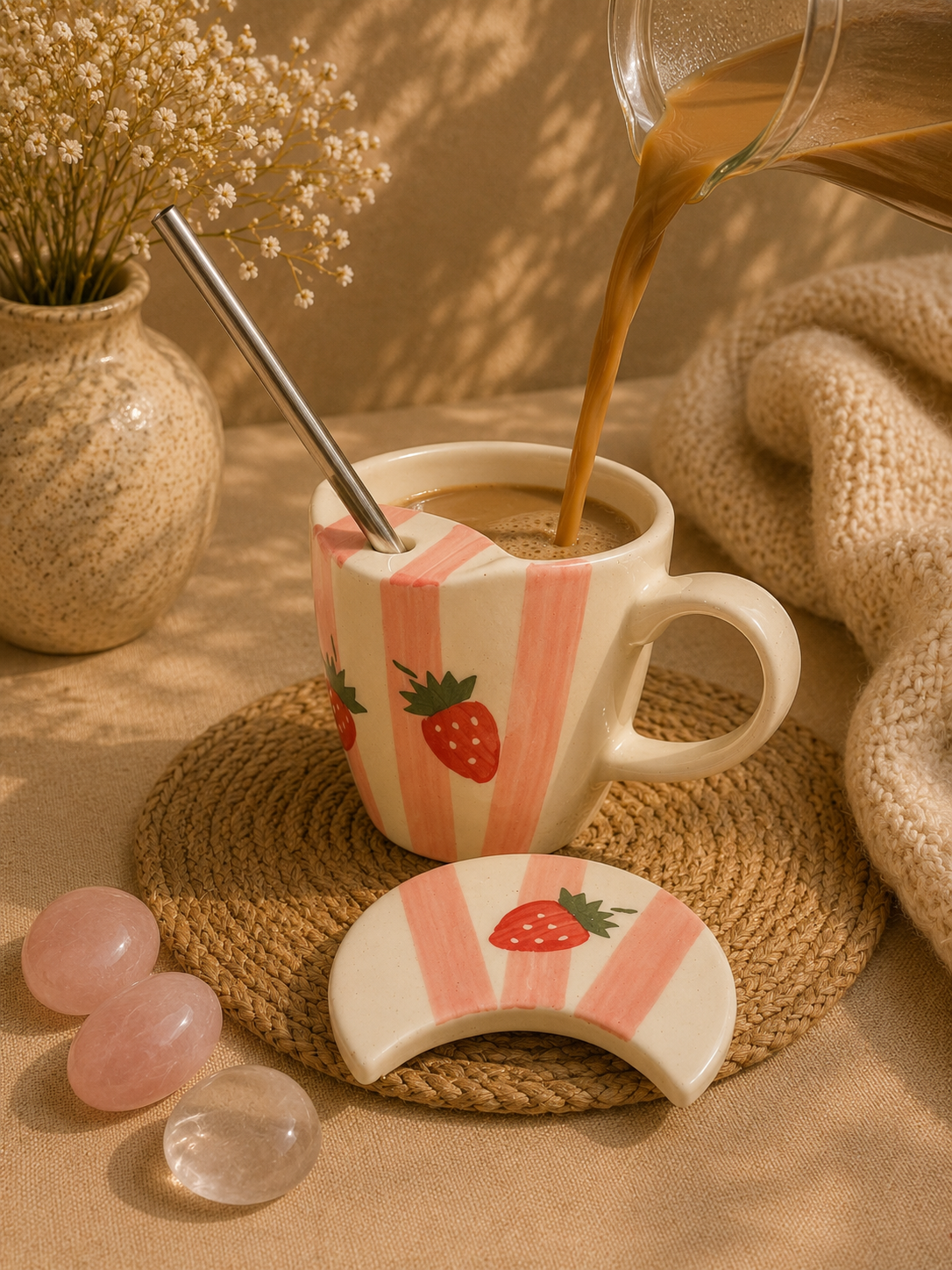 Strawberry Sip Ceramic Sipper with Straw