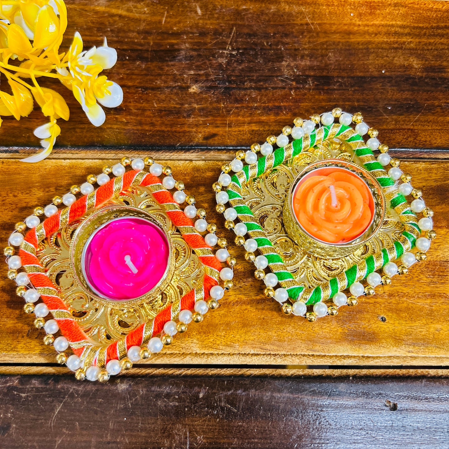 Colorful Square T light Holder with candle (Set of 2)