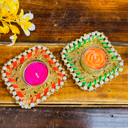 Colorful Square T light Holder with candle (Set of 2)