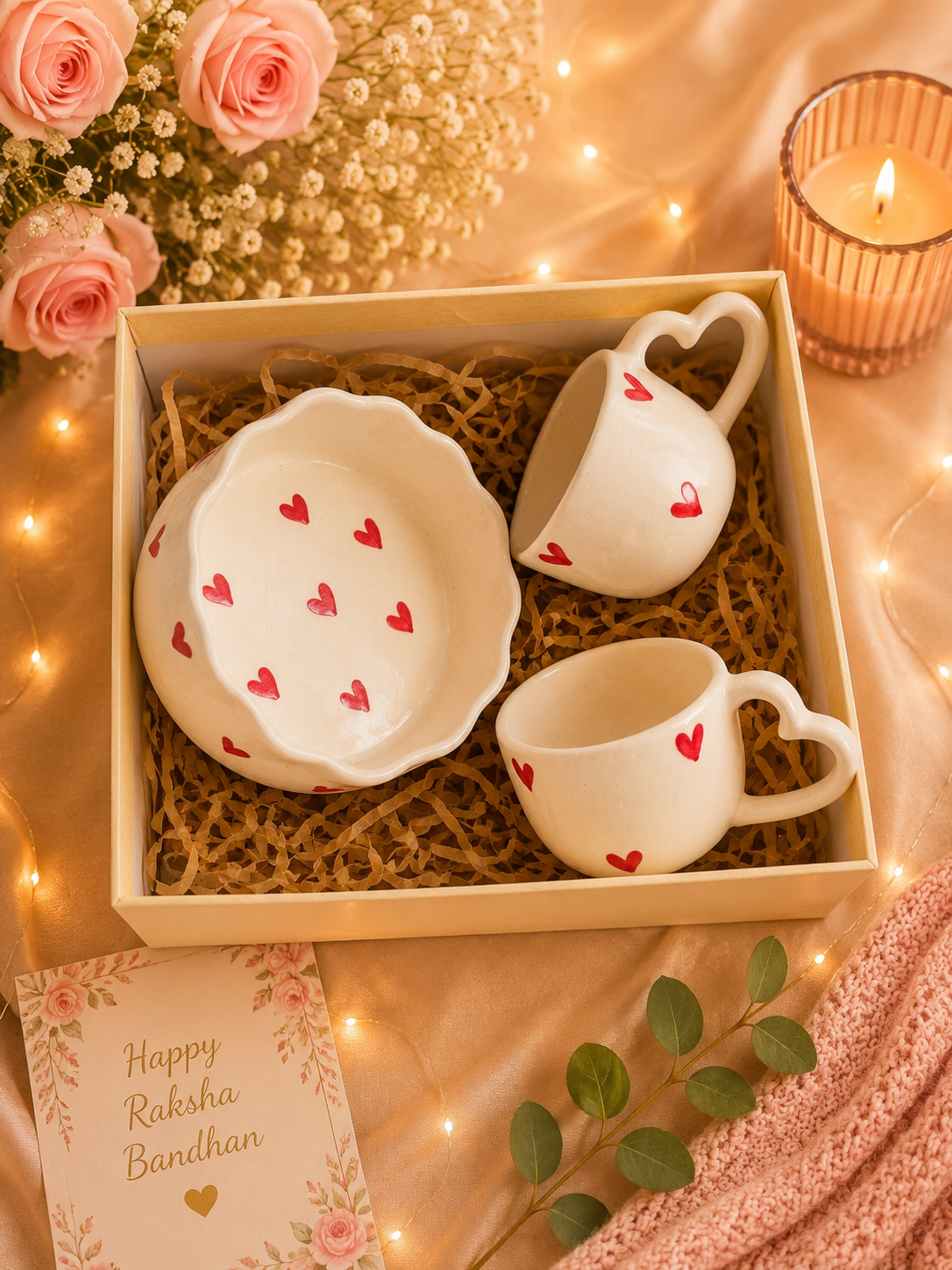 Love Hearts Handmade Ceramic Gift Hamper Set – 2 Heart Handle Coffee Mugs & Heart Bowl | Premium Gift Box