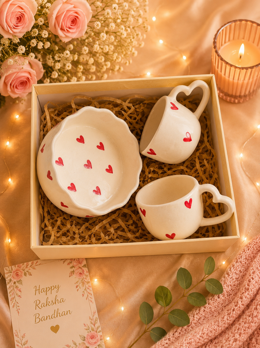 Love Hearts Handmade Ceramic Gift Hamper Set – 2 Heart Handle Coffee Mugs & Heart Bowl | Premium Gift Box