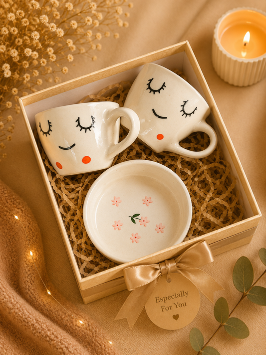 Cute Face Ceramic Coffee Mug Set with Floral Snack Bowl – Gift Box Combo (Set of 3)