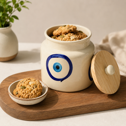 Evil Eye Handpainted Ceramic Storage Jar with Wooden Lid