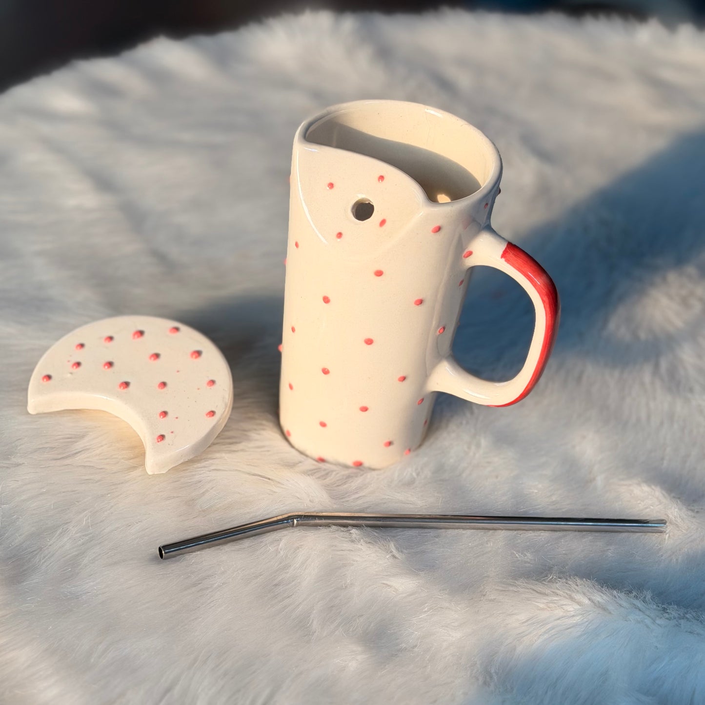 Pink Polka Dot Ceramic Sipper Mug with Lid & Steel Straw