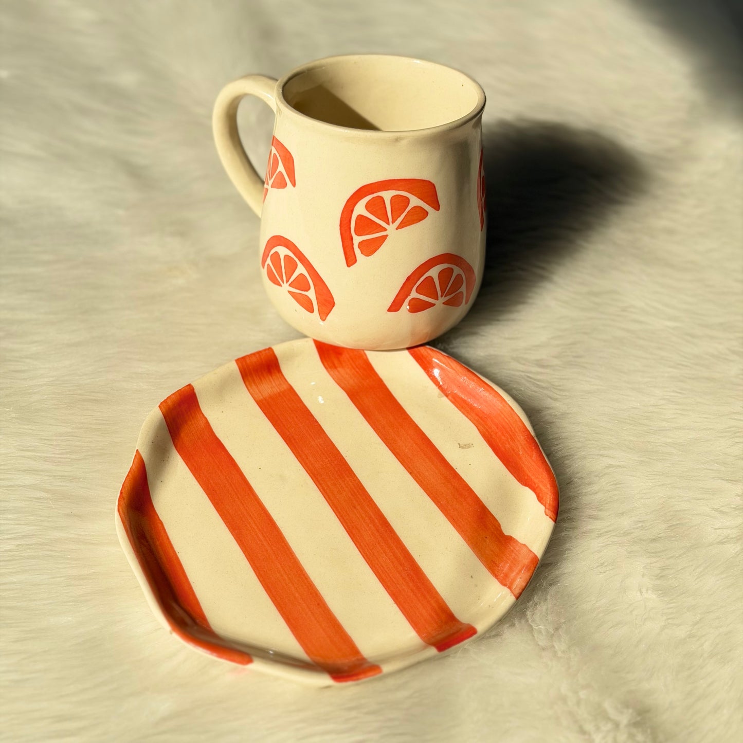 Hand-Painted Citrus Ceramic Mug & Plate Set