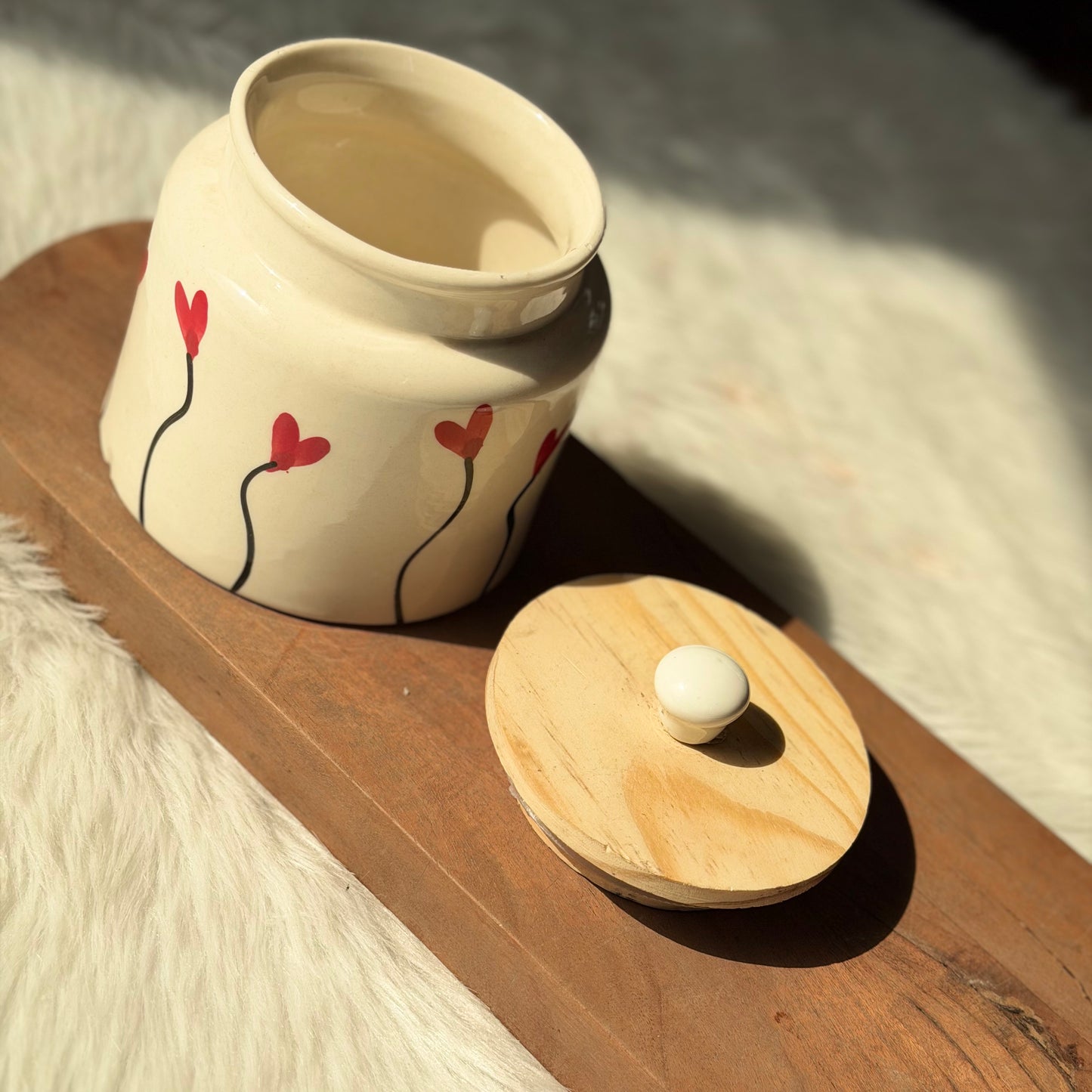 Blush Heart Ceramic Storage Jar with Wooden Lid