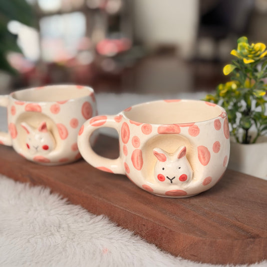 Handcrafted Bunny Polka Dot Ceramic Mug – Cute Rabbit Coffee & Tea Mug