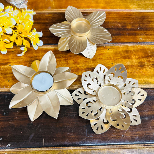 Golden Lotus Metal Tea Light Holders (Set of 3)