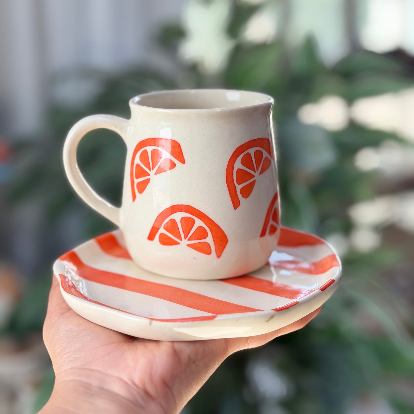 Hand-Painted Citrus Ceramic Mug & Plate Set