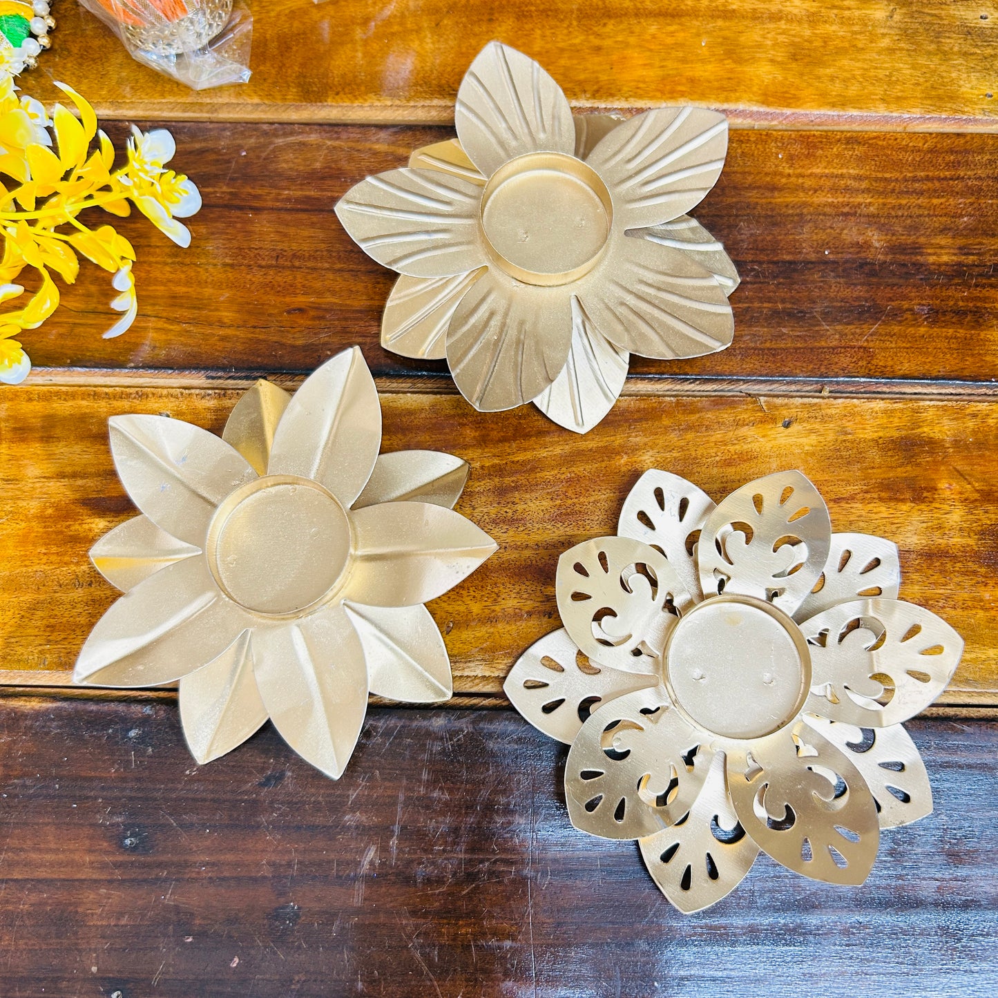 Golden Lotus Metal Tea Light Holders (Set of 3)