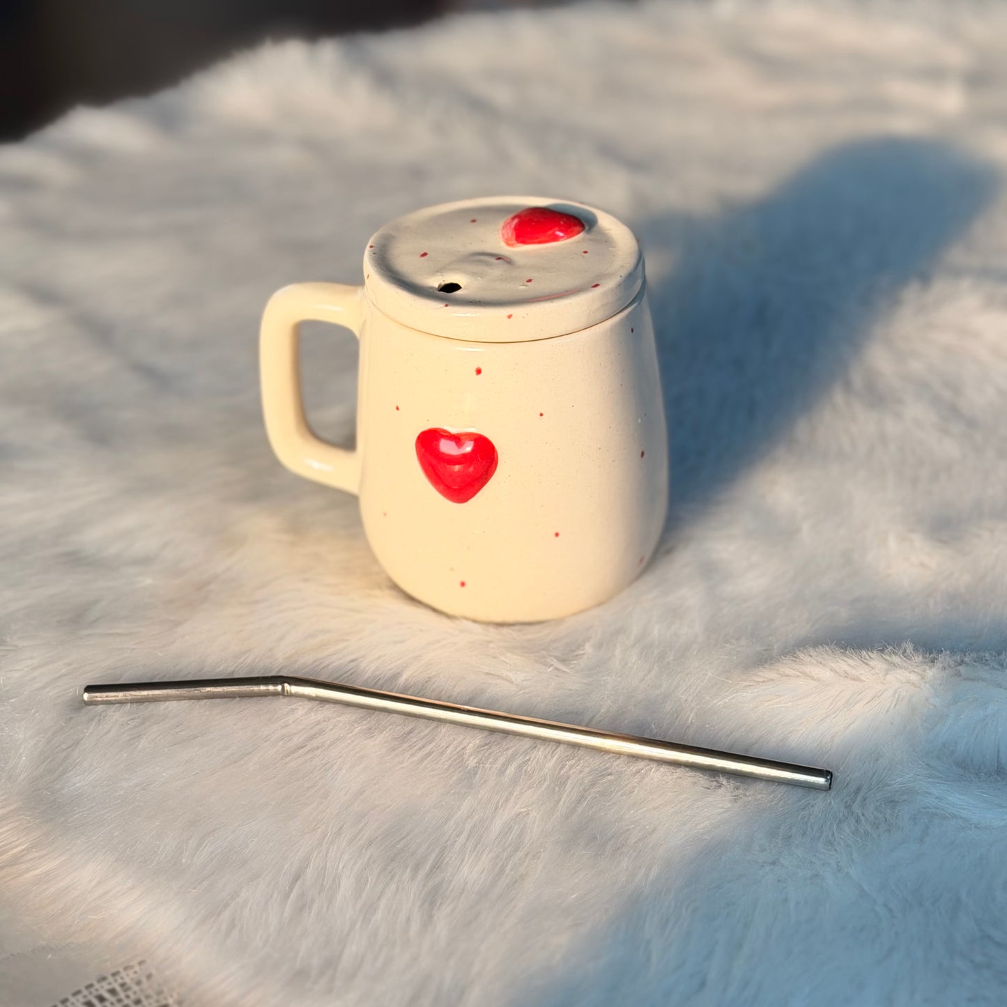 Heart Charm Ceramic Tumbler with Lid & Straw