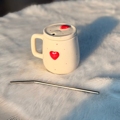 Heart Charm Ceramic Tumbler with Lid & Straw