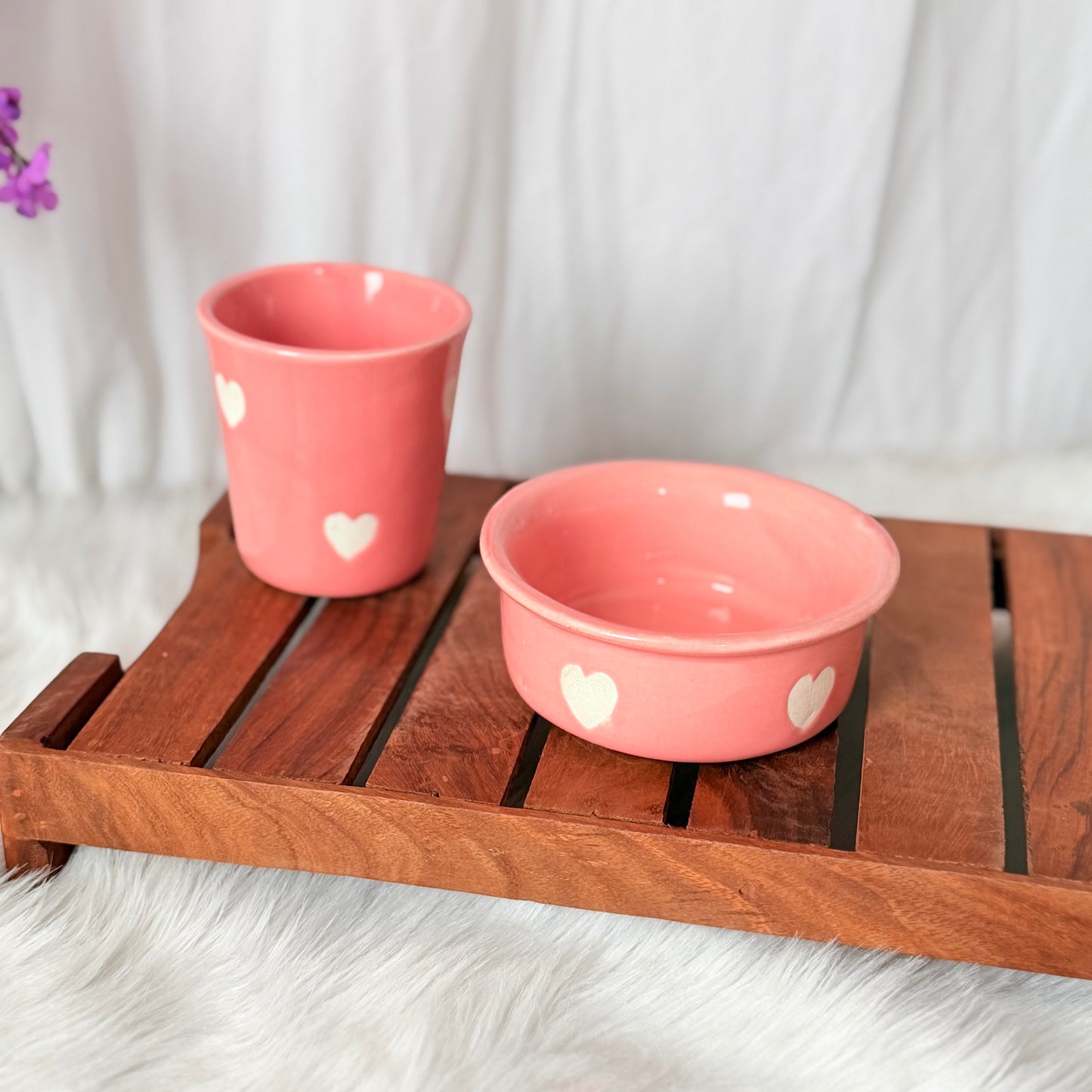 Blush Pink Heart Ceramic Cup & Bowl Set
