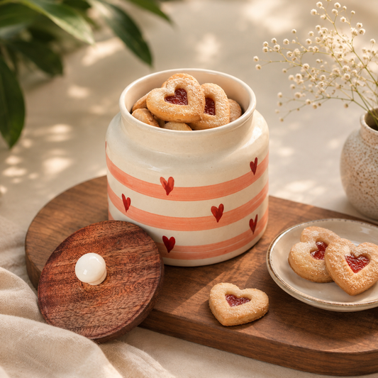 Heart Stripe Ceramic Storage Jar with Wooden Lid