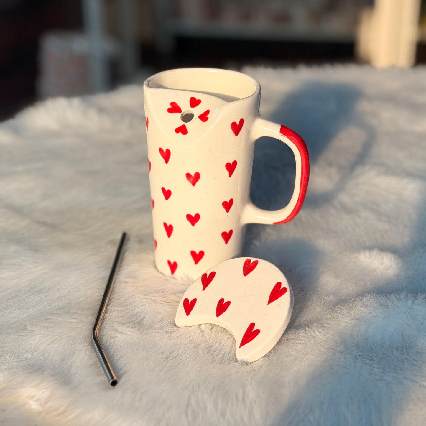 Red Heart Ceramic Sipper Mug with Straw