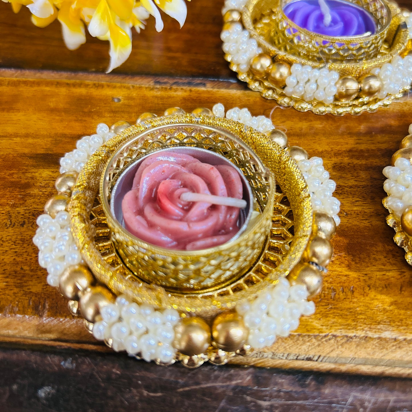 Pearl Tea Light Holder with Candle (Set of 6)