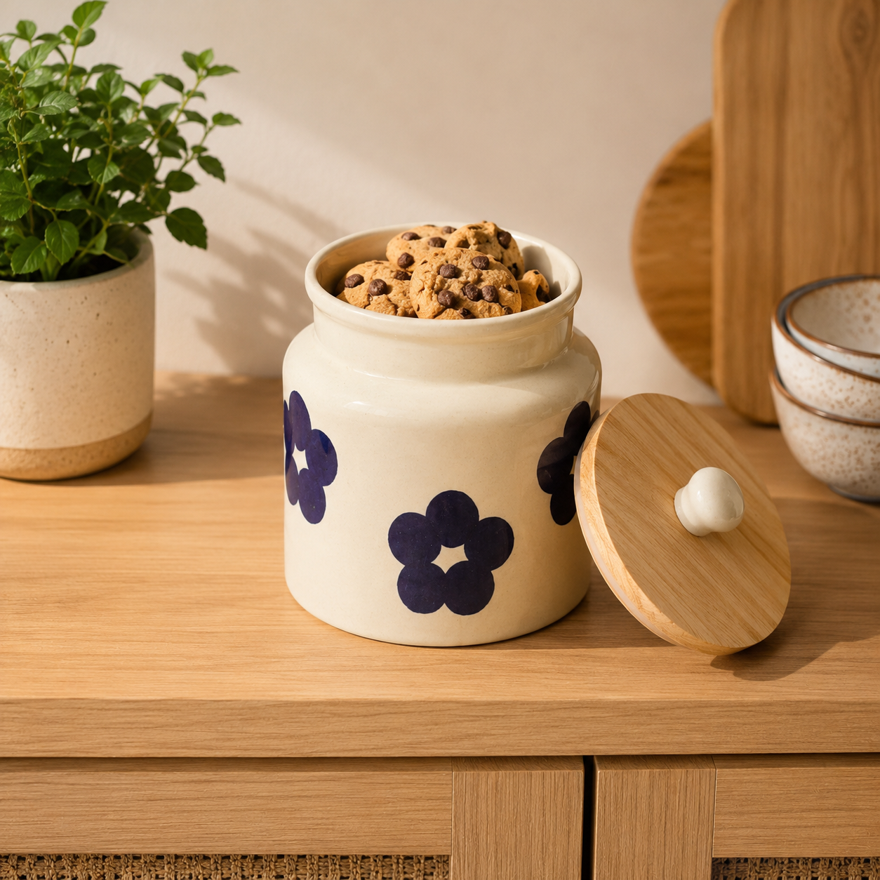 Midnight Bloom Ceramic Storage Jar with Wooden Lid
