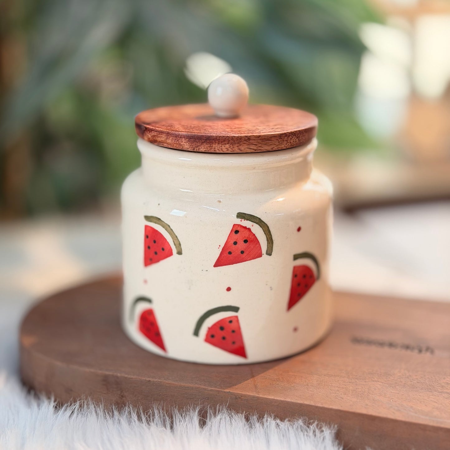 Watermelon Ceramic Storage Jar with Wooden Lid