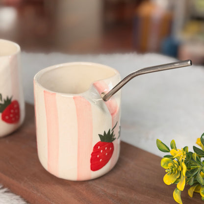 Strawberry Ceramic Yogurt Mug with Straw Holder – Cute Smoothie & Milkshake Mug