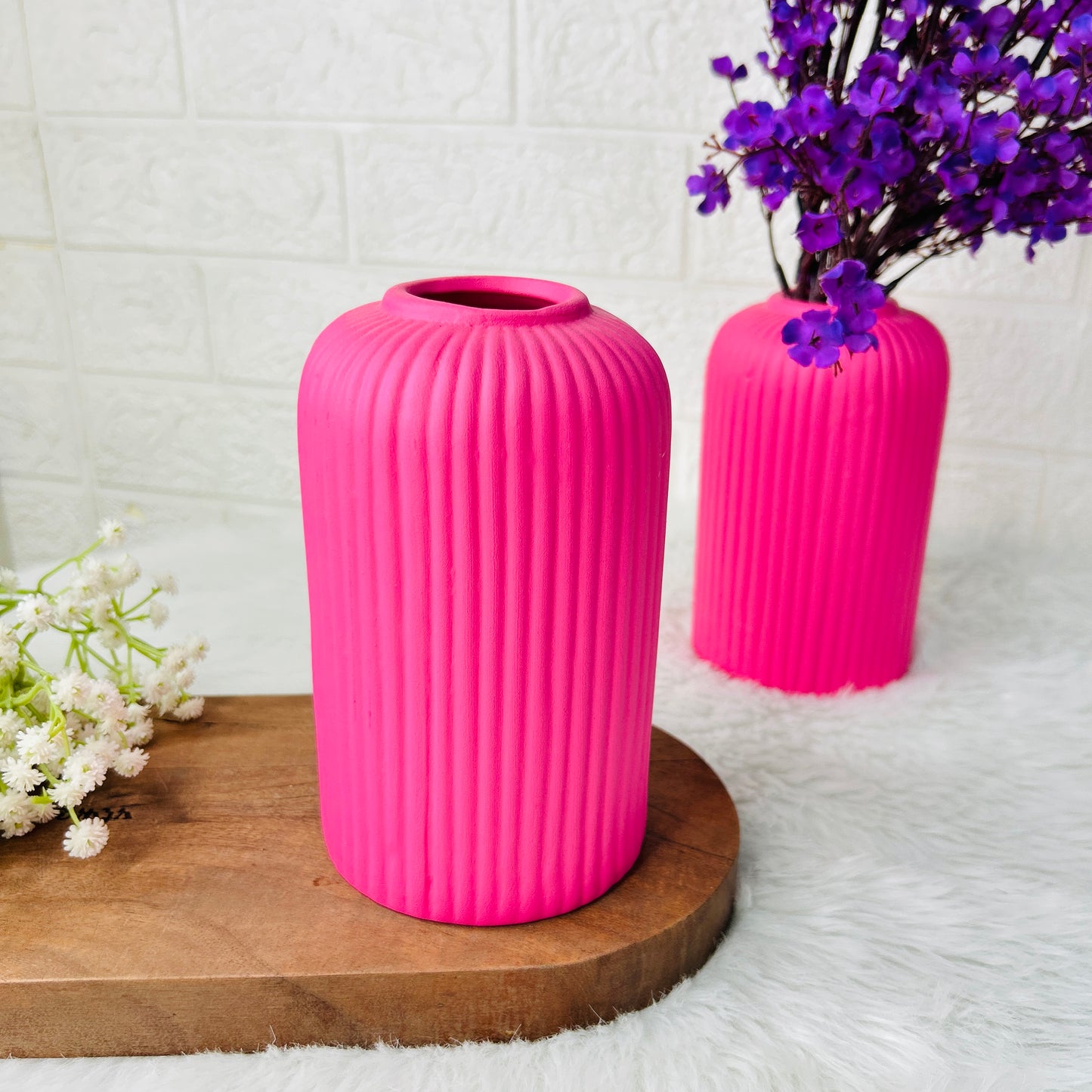 Matte Pink Ribbed Ceramic Vase – Modern Minimalist Home Décor