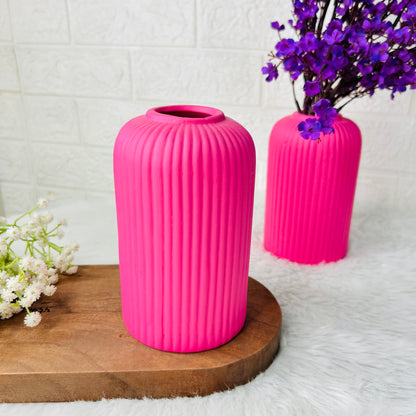 Matte Pink Ribbed Ceramic Vase – Modern Minimalist Home Décor