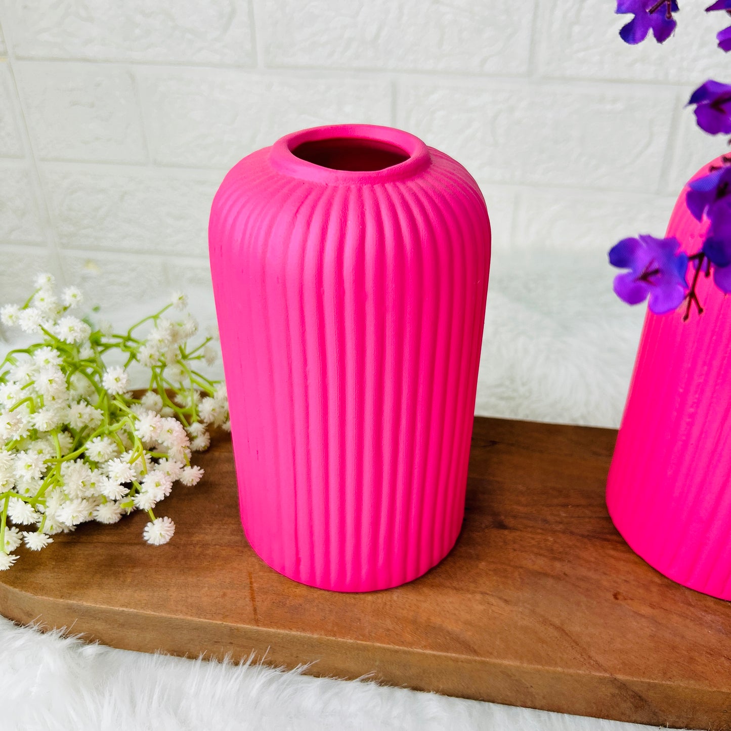Matte Pink Ribbed Ceramic Vase – Modern Minimalist Home Décor
